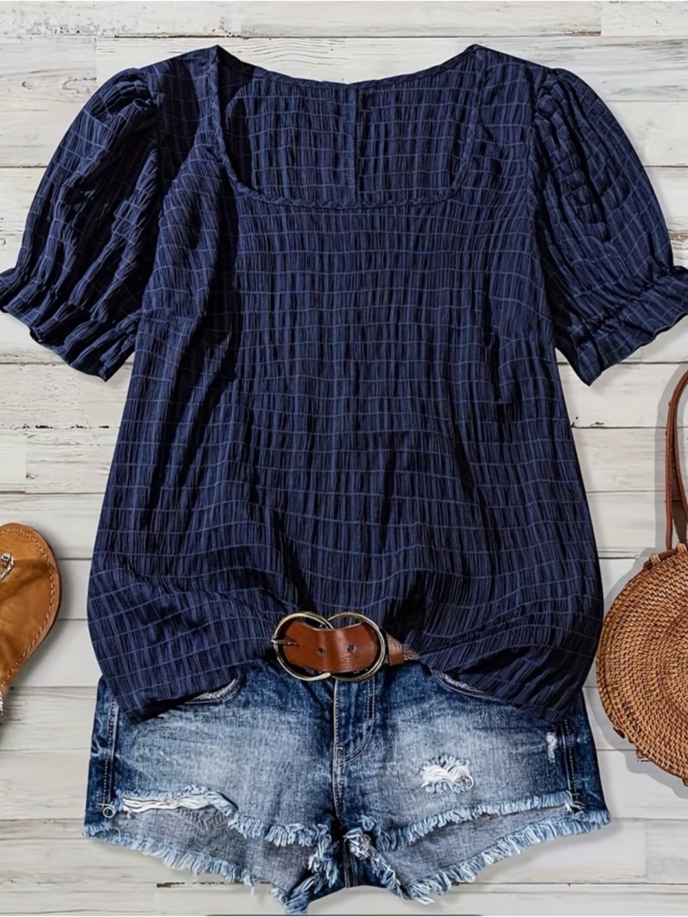 Navy Textured Puff Sleeve Top